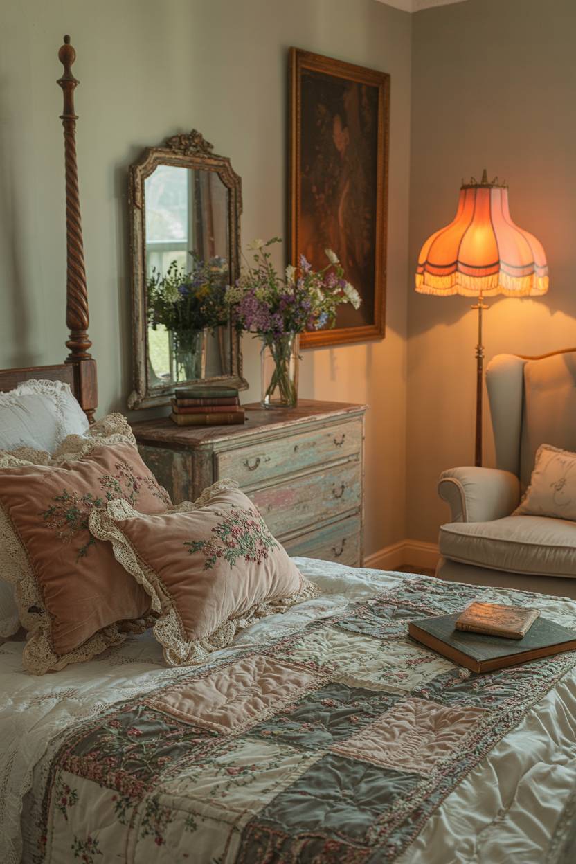 27 Cozy Cottage Bedroom Ideas for a Warm, Charming Retreat 24 A vintage cottage bedroom with velvet pillows and antique embroidery