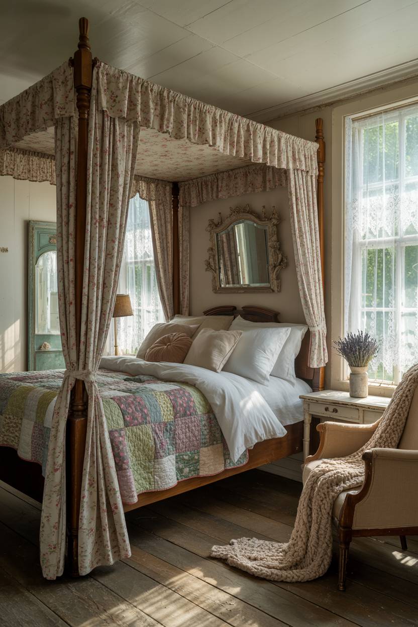 27 Cozy Cottage Bedroom Ideas for a Warm, Charming Retreat 25 A vintage cottage bedroom with floral linen curtains and dried lavender