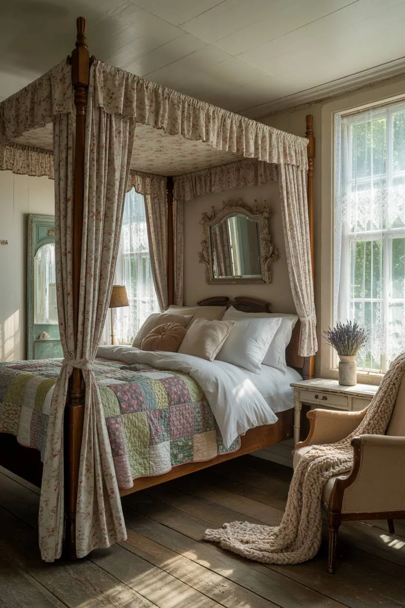 27 Cozy Cottage Bedroom Ideas for a Warm, Charming Retreat 25 A vintage cottage bedroom with floral linen curtains and dried lavender