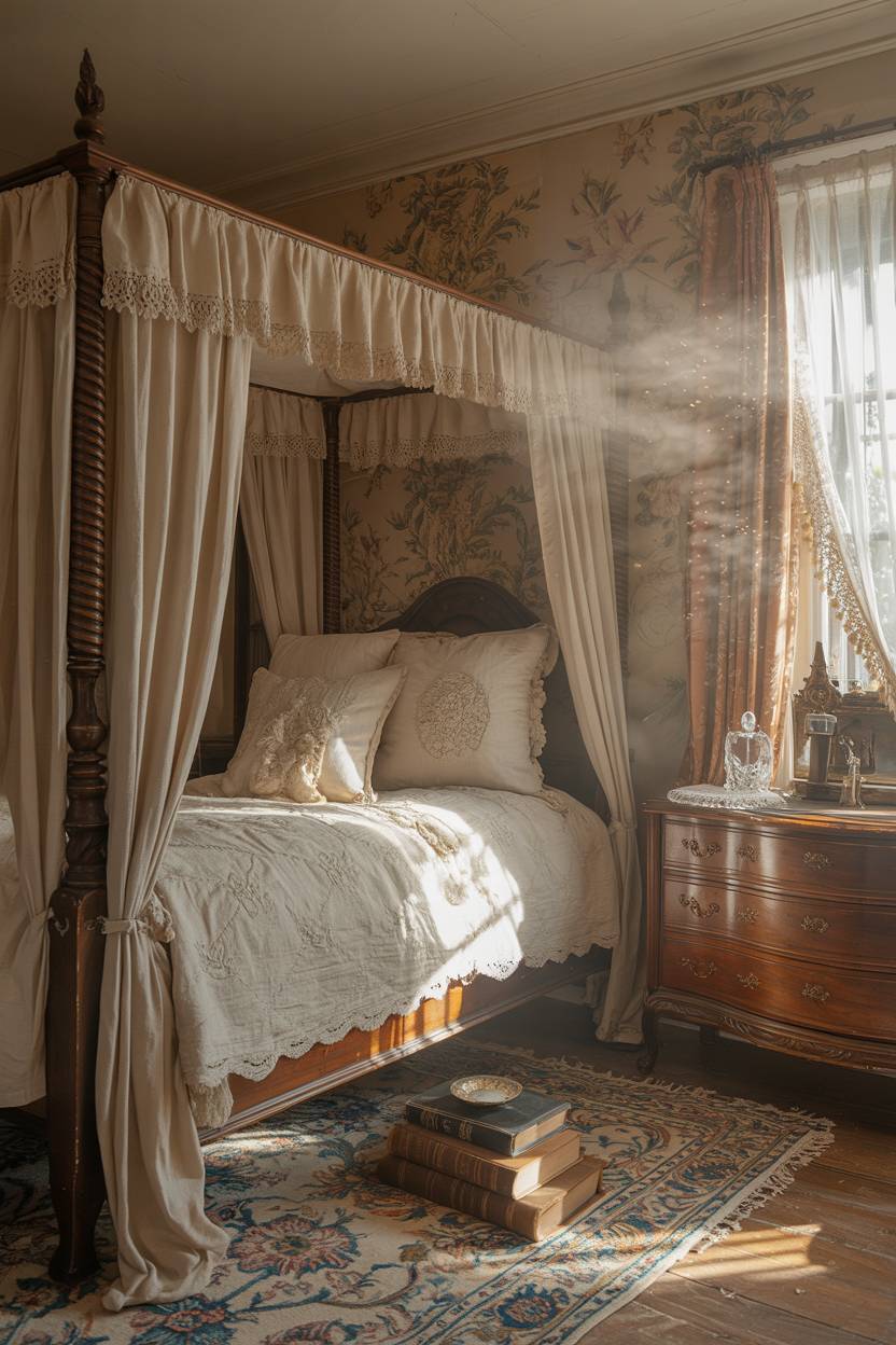 27 Cozy Cottage Bedroom Ideas for a Warm, Charming Retreat 26 A vintage cottage bedroom with antique lace pillows and leather-bound books