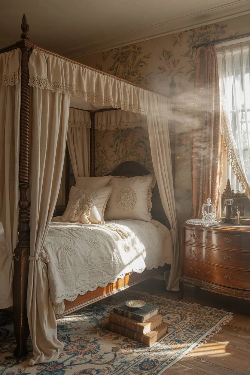 27 Cozy Cottage Bedroom Ideas for a Warm, Charming Retreat 26 A vintage cottage bedroom with antique lace pillows and leather-bound books