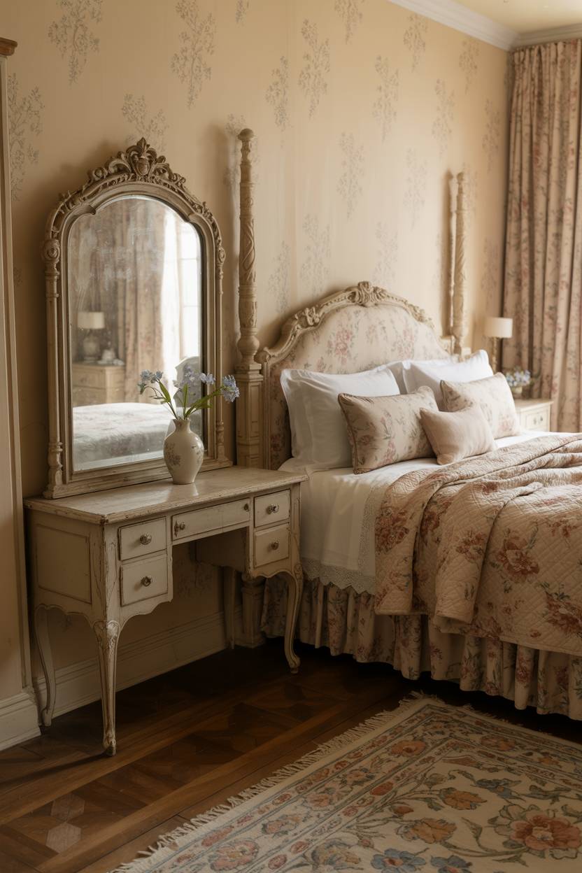 27 Cozy Cottage Bedroom Ideas for a Warm, Charming Retreat 27 A luxurious vintage bedroom with French provincial vanity and floral area rug