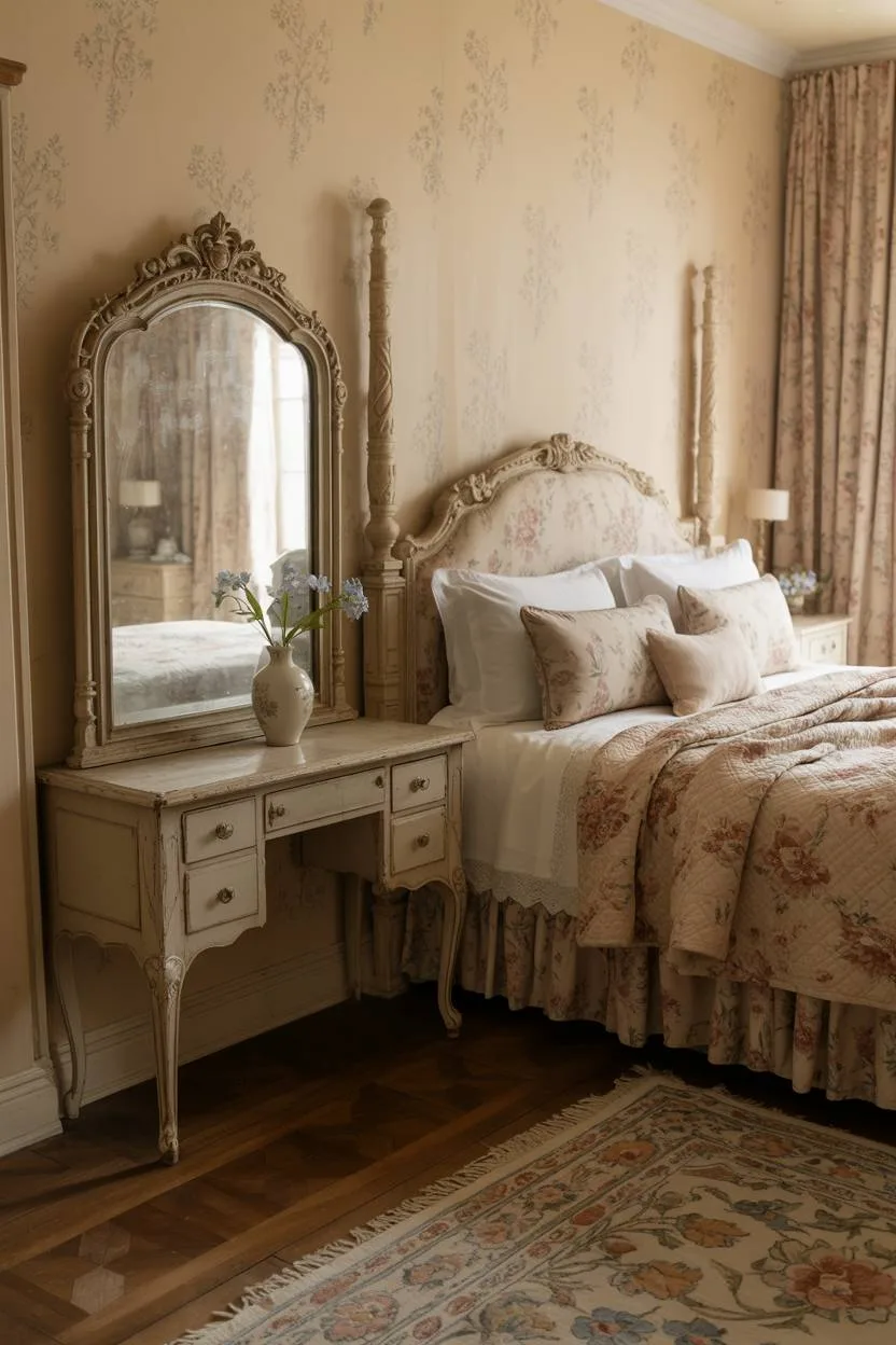 27 Cozy Cottage Bedroom Ideas for a Warm, Charming Retreat 27 A luxurious vintage bedroom with French provincial vanity and floral area rug