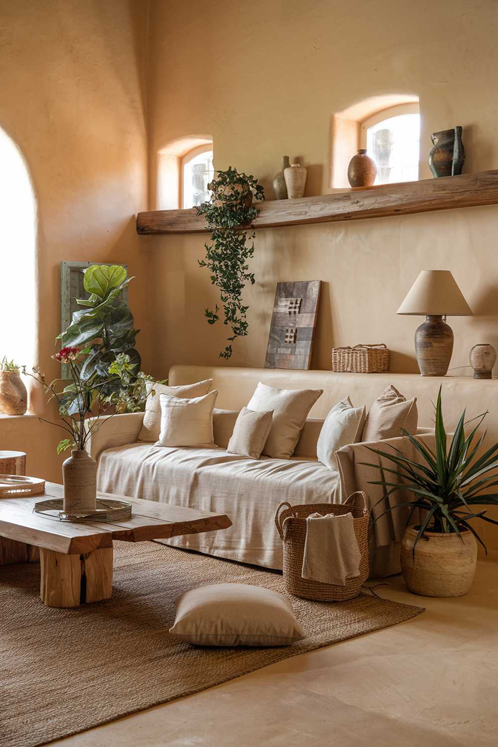 A cozy, and earthy living room. There is a beige sofa with multiple cushions, a wooden coffee table in the center, and a plant in a pot on the side. A woven rug covers the floor. There are a few decorative items, including a lamp, a vase, and a basket. The walls are painted in a warm beige hue. There is a wooden shelf above the sofa, holding more decorative items. The room has a few windows, allowing natural light to illuminate the space.