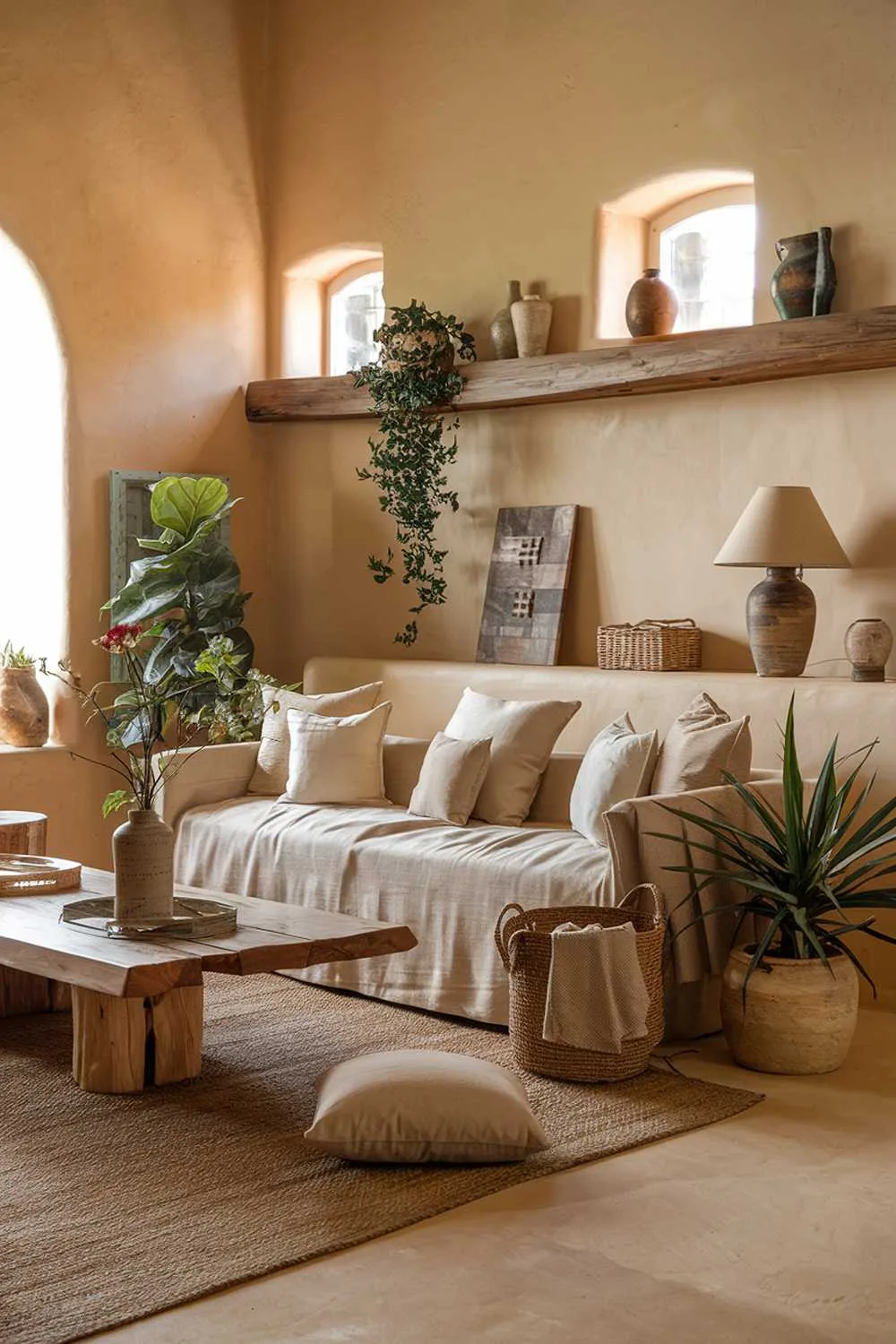 25 Cozy Earthy Living Room Decor Ideas to Warm Your Home 1 A cozy, and earthy living room. There is a beige sofa with multiple cushions, a wooden coffee table in the center, and a plant in a pot on the side. A woven rug covers the floor. There are a few decorative items, including a lamp, a vase, and a basket. The walls are painted in a warm beige hue. There is a wooden shelf above the sofa, holding more decorative items. The room has a few windows, allowing natural light to illuminate the space.