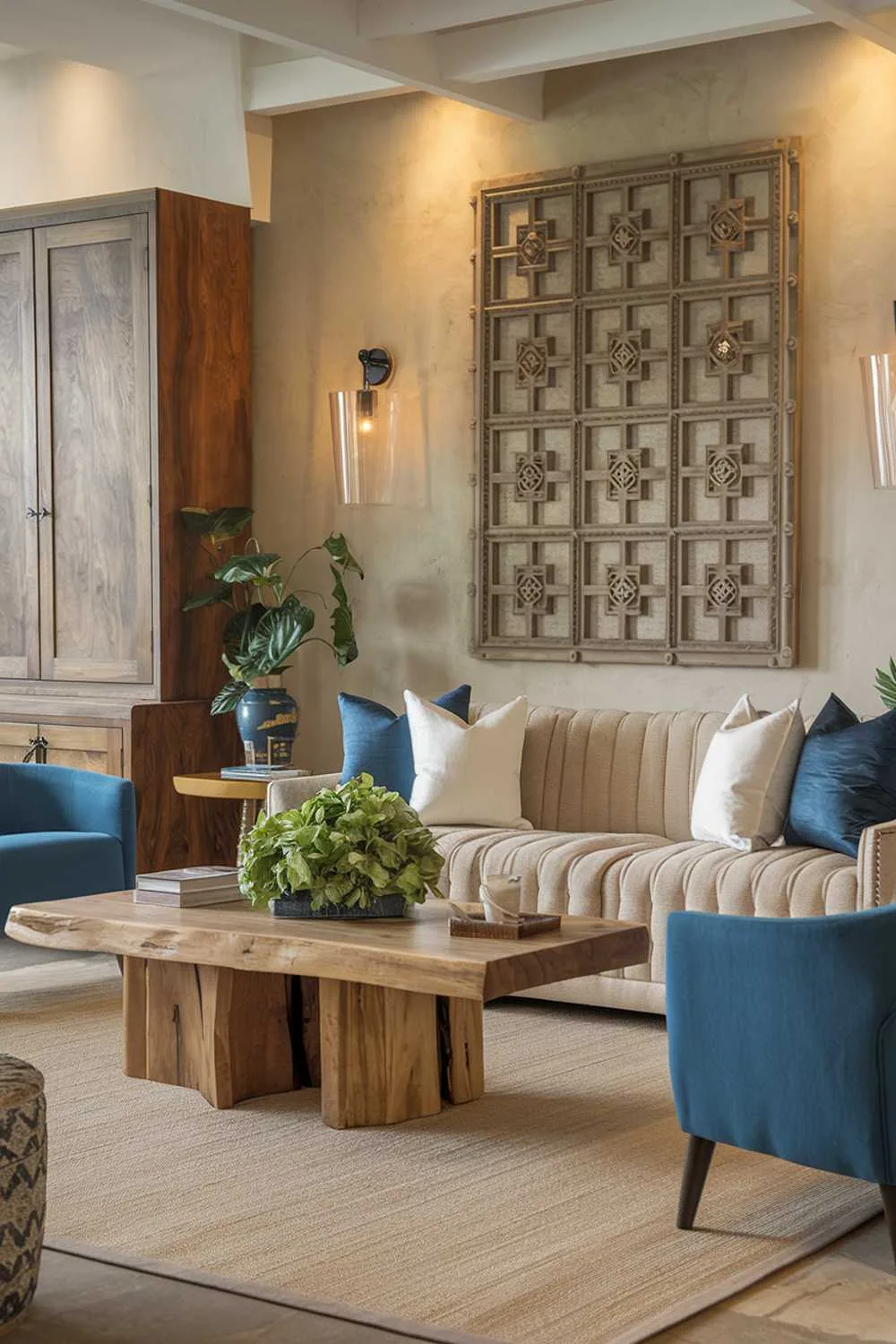 25 Cozy Earthy Living Room Decor Ideas to Warm Your Home 2 A cozy, and earthy living room. The room has a beige sofa with blue and white pillows, a wooden coffee table with a green plant, and a blue chair. There is a wooden cabinet on the left wall. The wall has a decorative wooden panel above the sofa. The floor is covered with a beige rug. The lighting is warm and soft.