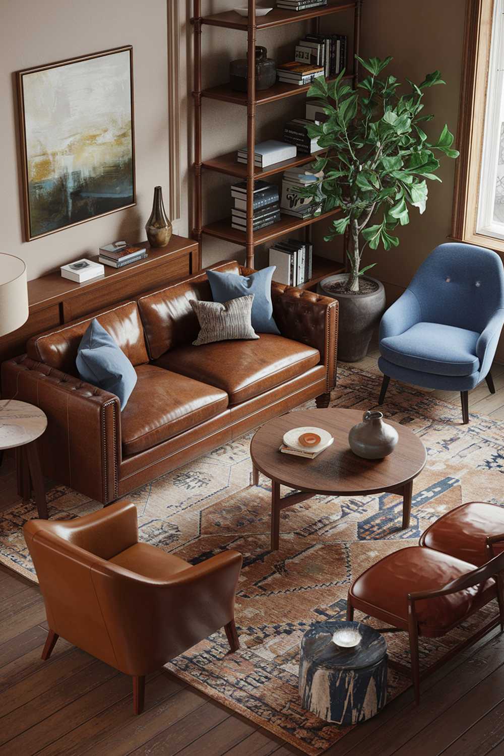 A cozy earthy living room with a brown leather sofa, a blue chair, a round wooden table, and a plant. There are also a few decorative items, such as a lamp, a vase, and a painting. The room has wooden floors, a patterned rug, and a few books on a shelf. The walls are painted beige.