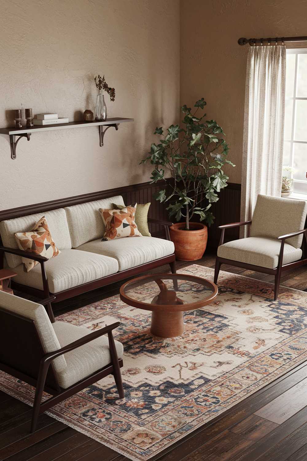 A cozy, and earthy living room with a mix of modern and vintage furniture. The room has a beige sofa with dark wood legs, a beige armchair with a wooden frame, and a wooden coffee table with a round glass top. There's a vintage-style rug with a floral pattern. The walls are painted beige. A potted plant sits on the floor near the sofa. A wooden shelf above the sofa holds a few decorative items. There's a window with a curtain. The floor is made of dark wood.