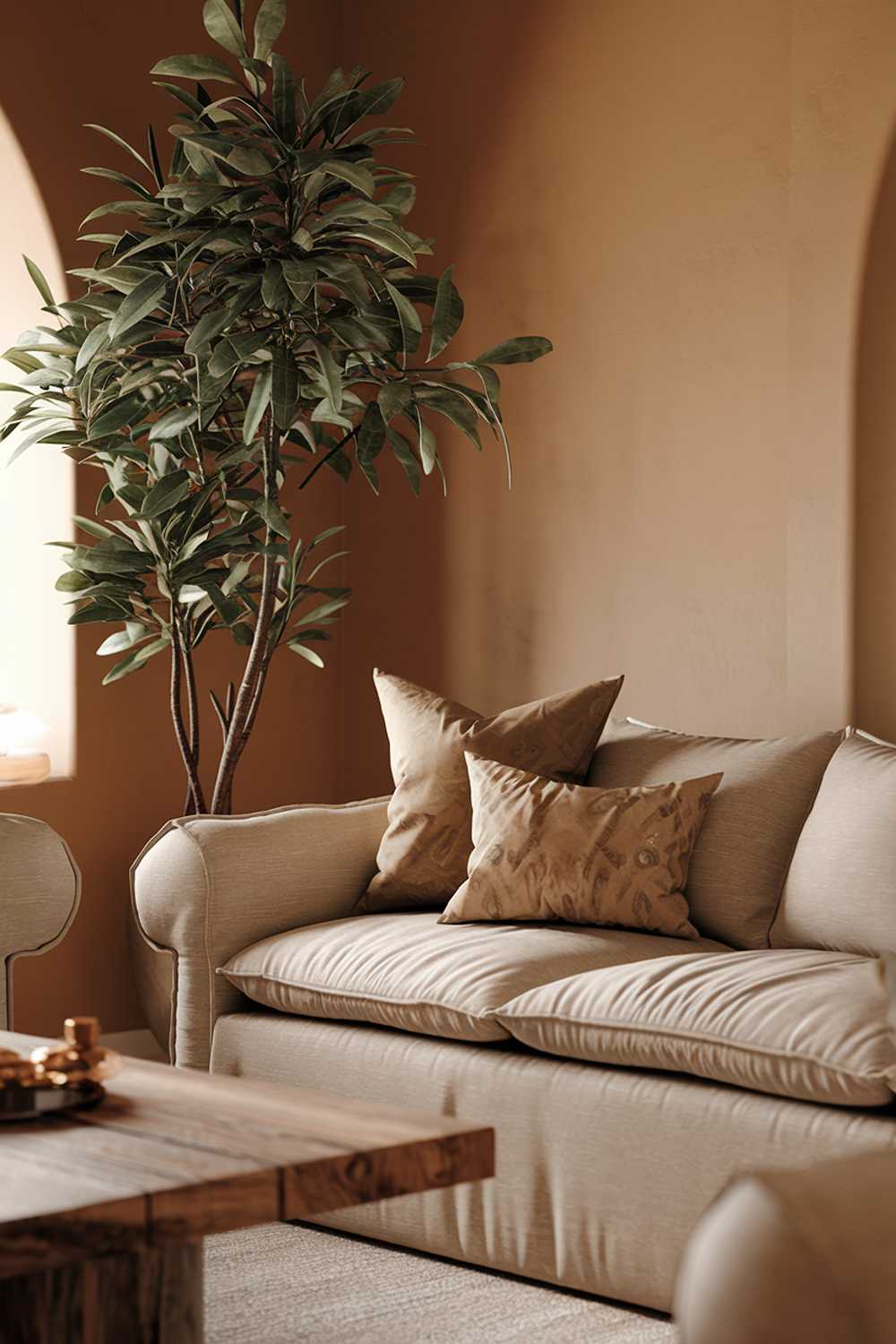 A cozy earthy living room. The room has a beige sofa with a few cushions. There's a wooden coffee table in front of the sofa. On the left, there's a tall plant with green leaves. The walls are painted in a warm beige hue. The lighting is soft.