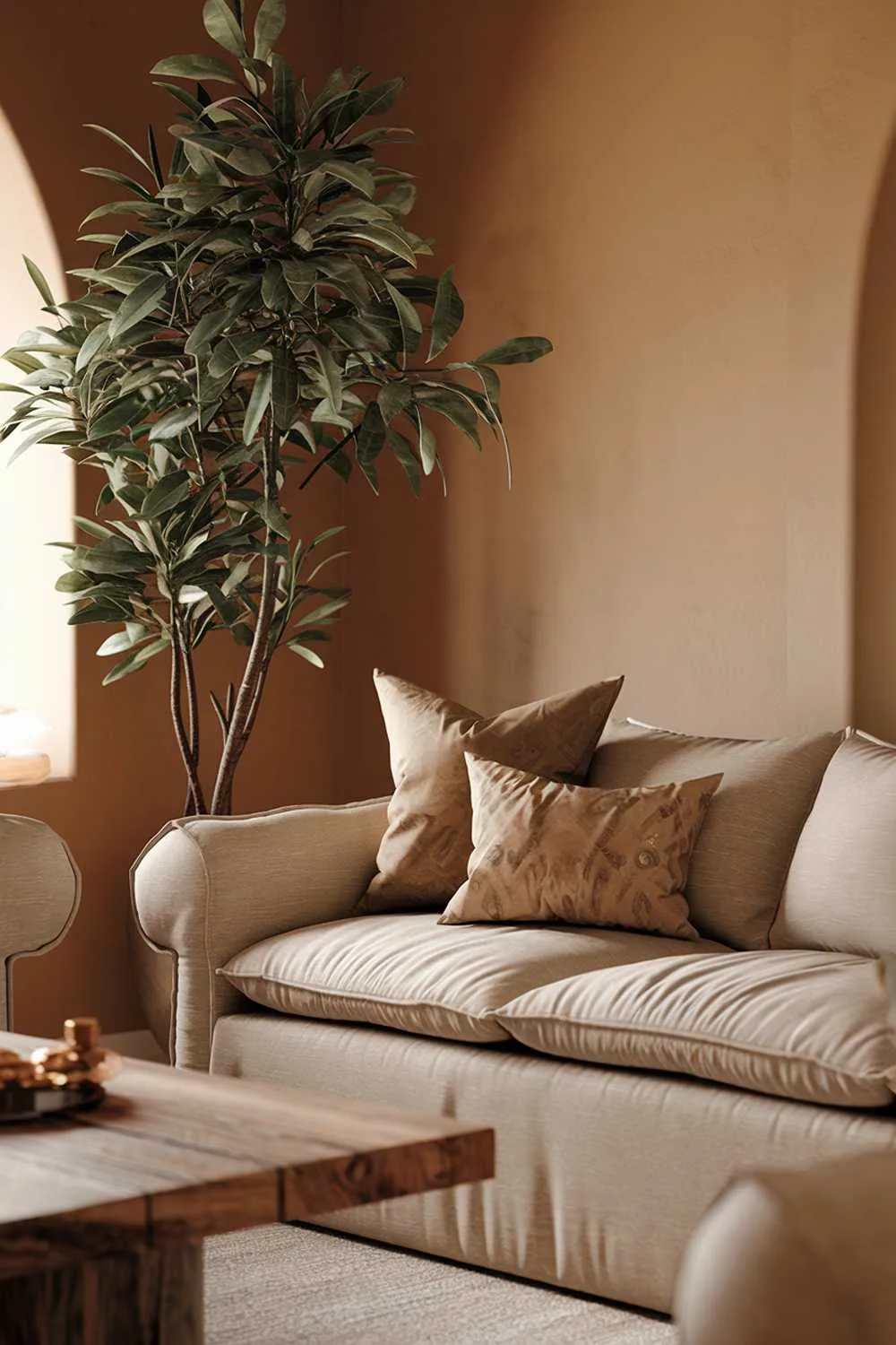 25 Cozy Earthy Living Room Decor Ideas to Warm Your Home 5 A cozy earthy living room. The room has a beige sofa with a few cushions. There's a wooden coffee table in front of the sofa. On the left, there's a tall plant with green leaves. The walls are painted in a warm beige hue. The lighting is soft.
