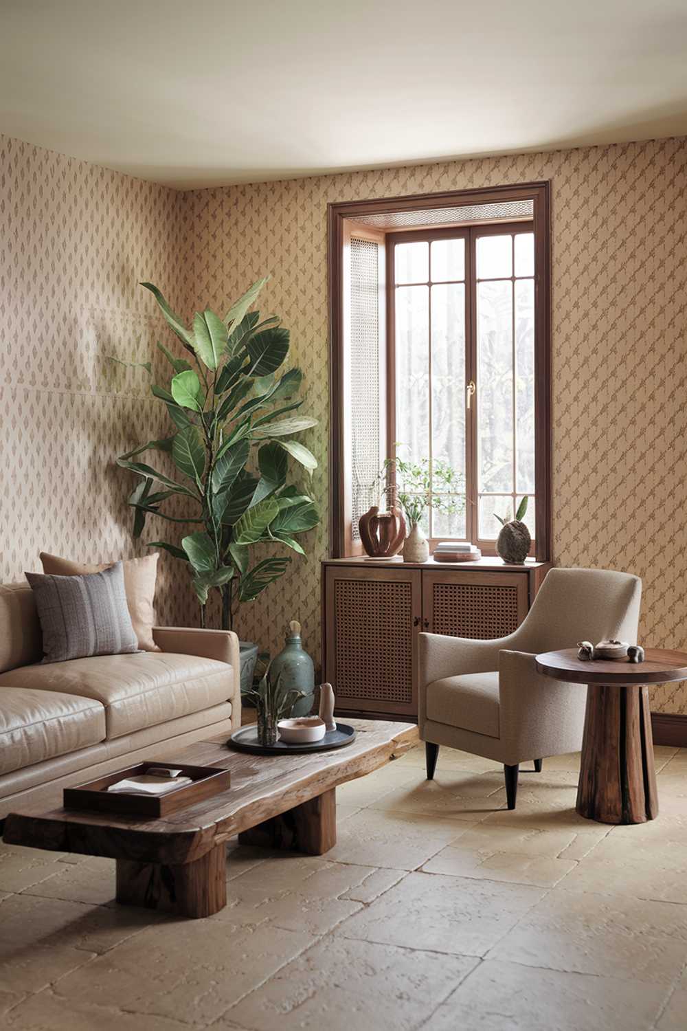 A cozy earthy living room. The room has a beige sofa with a few pillows and a wooden coffee table in the middle. There's a green plant to the left of the sofa. A beige armchair with a round wooden table is placed near the window. The walls have a beige patterned wallpaper. There's a wooden cabinet below the window. The floor is made of beige tiles.