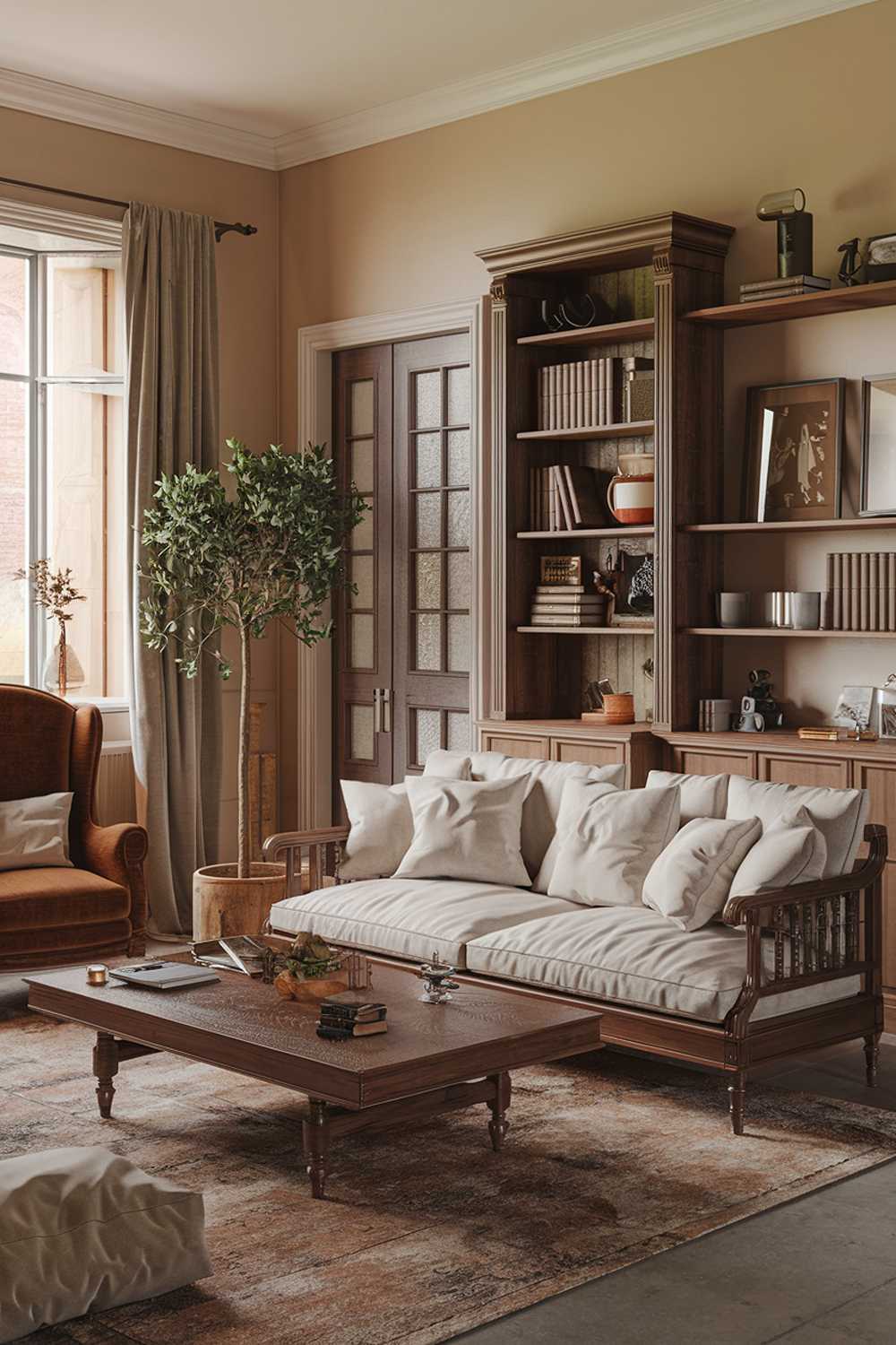 A cozy, earthy living room with a warm ambiance. There's a beige sofa with multiple cushions and a wooden coffee table in the middle of the room. A vintage-style brown armchair is placed near the window. A potted plant is placed on the floor near the sofa. There's a wooden bookshelf filled with books and decorative items against the wall near the door. The walls are painted in a soft beige hue. There's a rug on the floor.