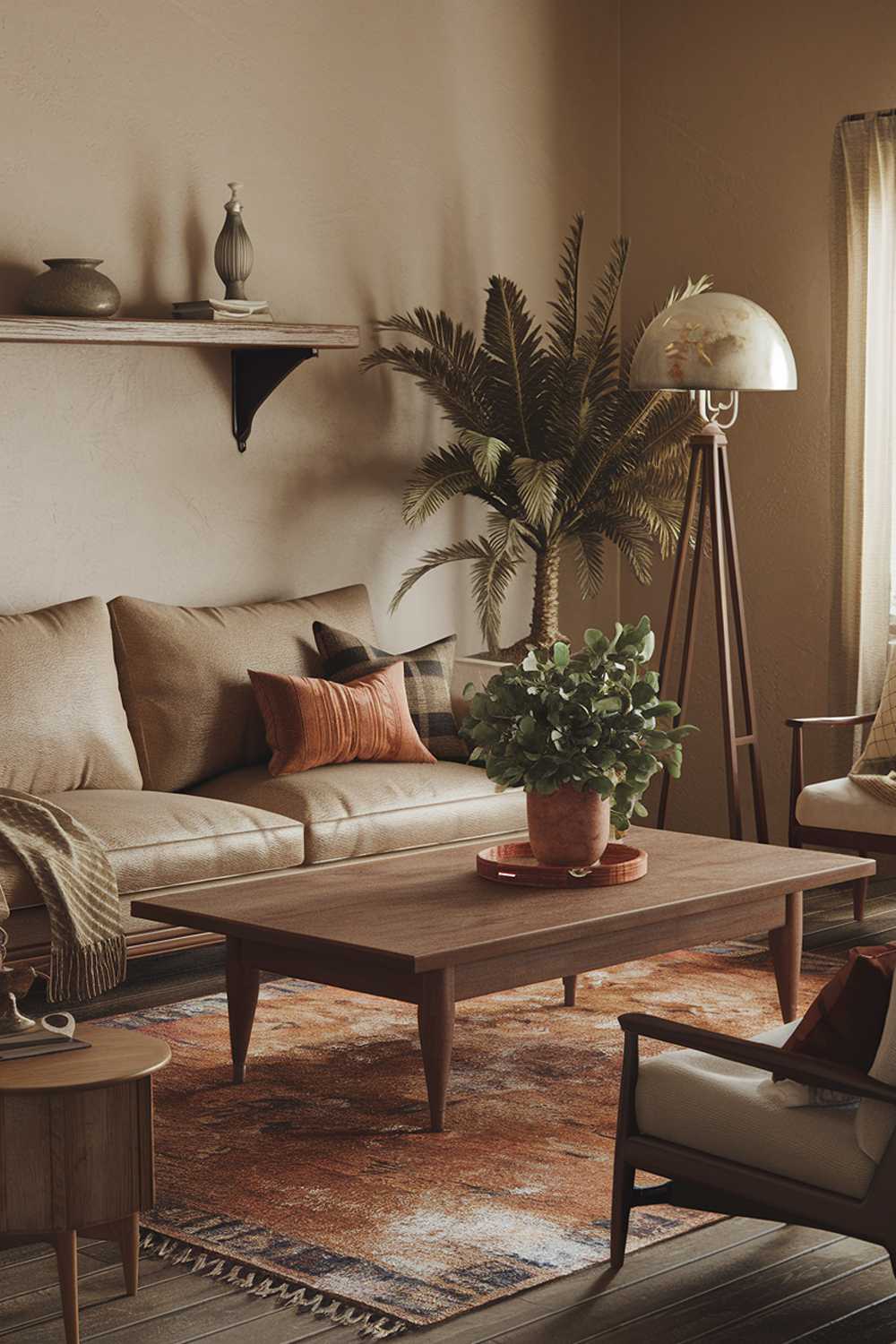 A cozy earthy living room. There is a beige sofa with a few cushions. A wooden coffee table sits in front of the sofa. A potted plant is placed on the table. A vintage lamp stands beside the plant. A rug in earthy tones lies beneath the sofa. A wooden shelf holds a few decorative items. The room has a few other items of furniture, including a chair and a side table. The walls are painted in a soft beige tone.