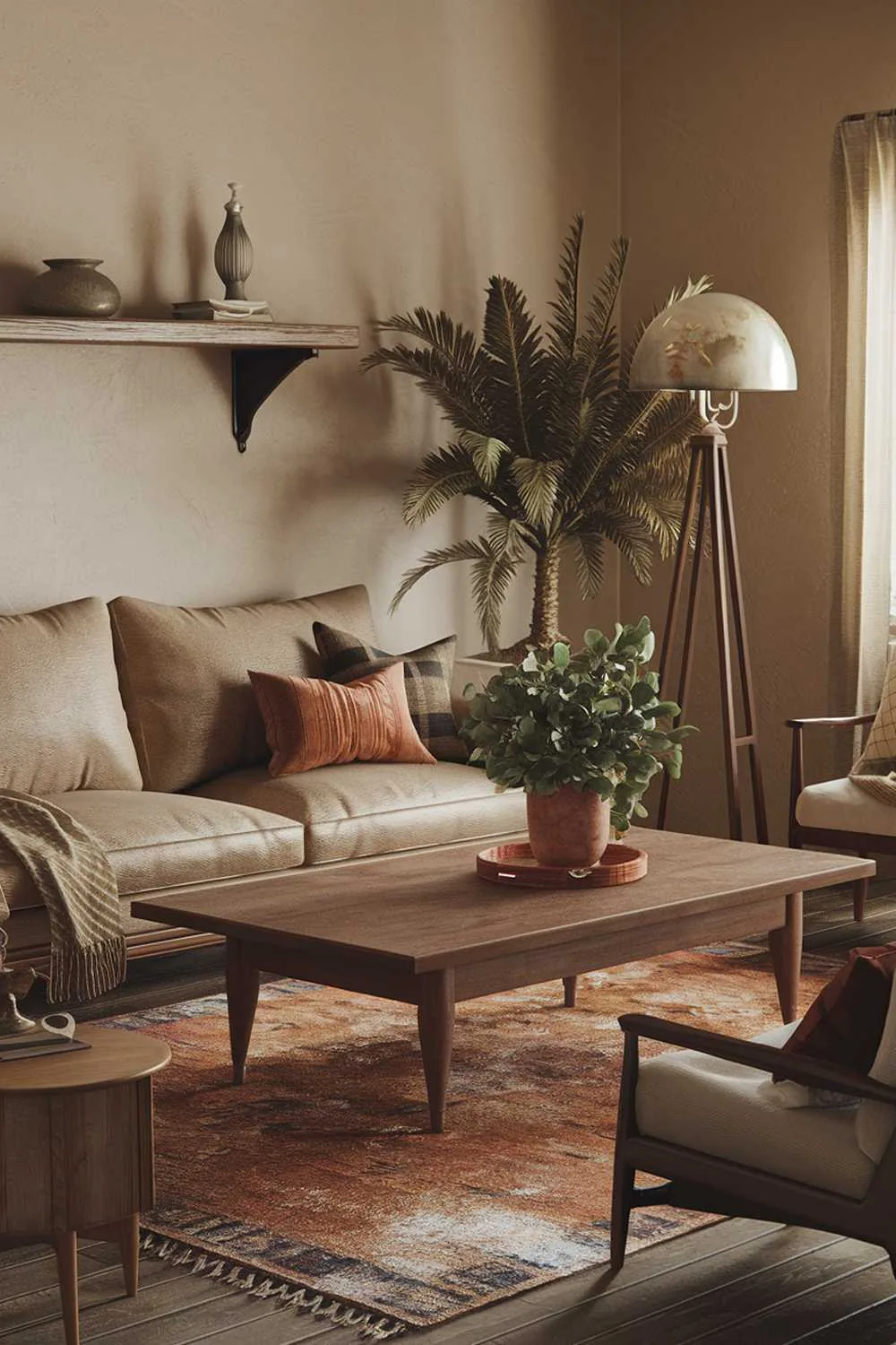 25 Cozy Earthy Living Room Decor Ideas to Warm Your Home 8 A cozy earthy living room. There is a beige sofa with a few cushions. A wooden coffee table sits in front of the sofa. A potted plant is placed on the table. A vintage lamp stands beside the plant. A rug in earthy tones lies beneath the sofa. A wooden shelf holds a few decorative items. The room has a few other items of furniture, including a chair and a side table. The walls are painted in a soft beige tone.