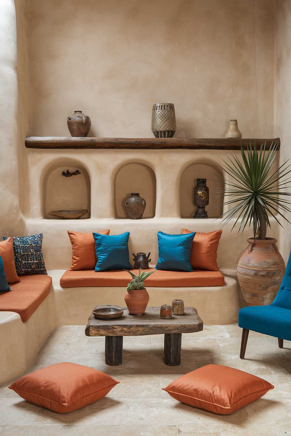 A cozy, and earthy living room. The room has a beige sofa with orange and blue cushions, a wooden coffee table, and a blue chair. There's a plant in a terracotta pot near the sofa. The walls are painted beige, and there are two orange cushions on the floor. The room has a wooden shelf with a few items, including a decorative lamp. The floor is made of beige tiles.