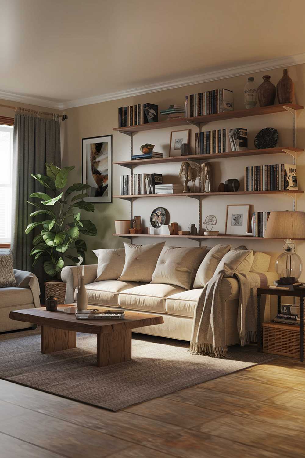 A cozy earthy living room with a warm ambiance. The room has a beige sofa with multiple cushions and a wooden coffee table in the center. There's a potted plant to the left of the sofa. A bookshelf filled with books and decorative items is on the wall behind the sofa. A throw blanket and a lamp are on the armrest of the sofa. A rug is placed under the coffee table. The floor has a wooden texture. The room has a few personal items, such as a photo frame and a decorative plate. The lighting is soft and warm.