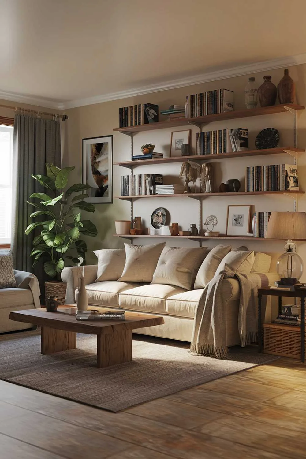 25 Cozy Earthy Living Room Decor Ideas to Warm Your Home 10 A cozy earthy living room with a warm ambiance. The room has a beige sofa with multiple cushions and a wooden coffee table in the center. There's a potted plant to the left of the sofa. A bookshelf filled with books and decorative items is on the wall behind the sofa. A throw blanket and a lamp are on the armrest of the sofa. A rug is placed under the coffee table. The floor has a wooden texture. The room has a few personal items, such as a photo frame and a decorative plate. The lighting is soft and warm.