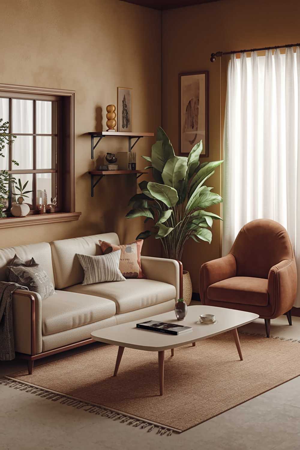 A cozy earthy living room with a beige sofa, a brown armchair, a white coffee table, and a green plant. There's a beige rug on the floor. The walls are painted in a warm beige color. There's a wooden shelf near the window with a few decorative items. The window has a white curtain. There's a wooden coffee table in front of the sofa.