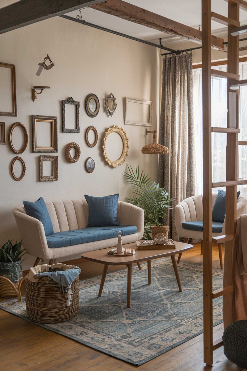 A cozy earthy living room. The room has a beige sofa with blue cushions and a wooden coffee table in the middle. There is a beige chair with a blue cushion next to the sofa. The walls are adorned with vintage frames. A woven basket and a plant sit on the floor. A rug with a blue and beige pattern is placed on the floor. The room has wooden floors and a wooden ladder.