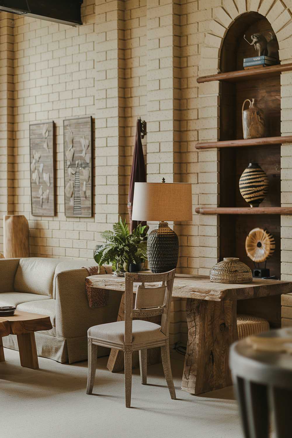 A cozy earthy living room. There is a rustic wooden table in the center with a beige lamp and a green plant. Around the table, there are two wooden chairs with beige cushions. On the left, there is a beige sofa with a wooden table beside it. On the right, there is a wooden shelf with decorative items. The walls have beige bricks and have a few hanging items. The room has a warm and inviting atmosphere.