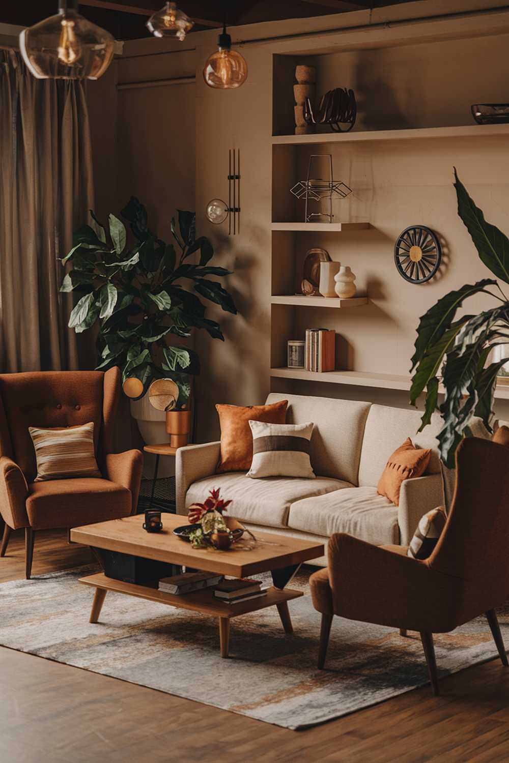 A cozy earthy living room with a highly detailed interior. The room has a beige sofa, a brown armchair, a wooden coffee table, and a plant. There are also some decorative items on the shelves and the wall. The floor is made of wood. The lighting is warm.