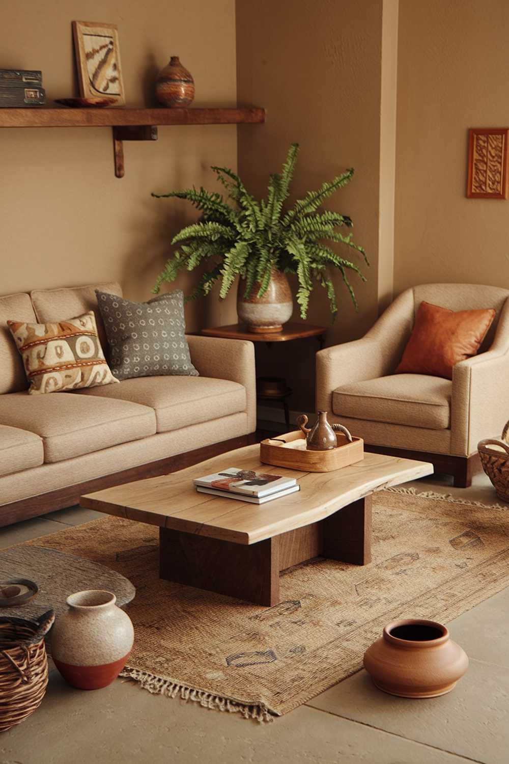 A cozy earthy living room with a beige sofa, a matching armchair, and a wooden coffee table. There's a beige area rug on the floor. A few decorative items, including a ceramic pot, a wooden box, and a woven basket, are placed around the room. A potted fern plant is placed on the coffee table. The walls are painted in a warm beige color. There's a wooden shelf above the sofa, holding a few items.