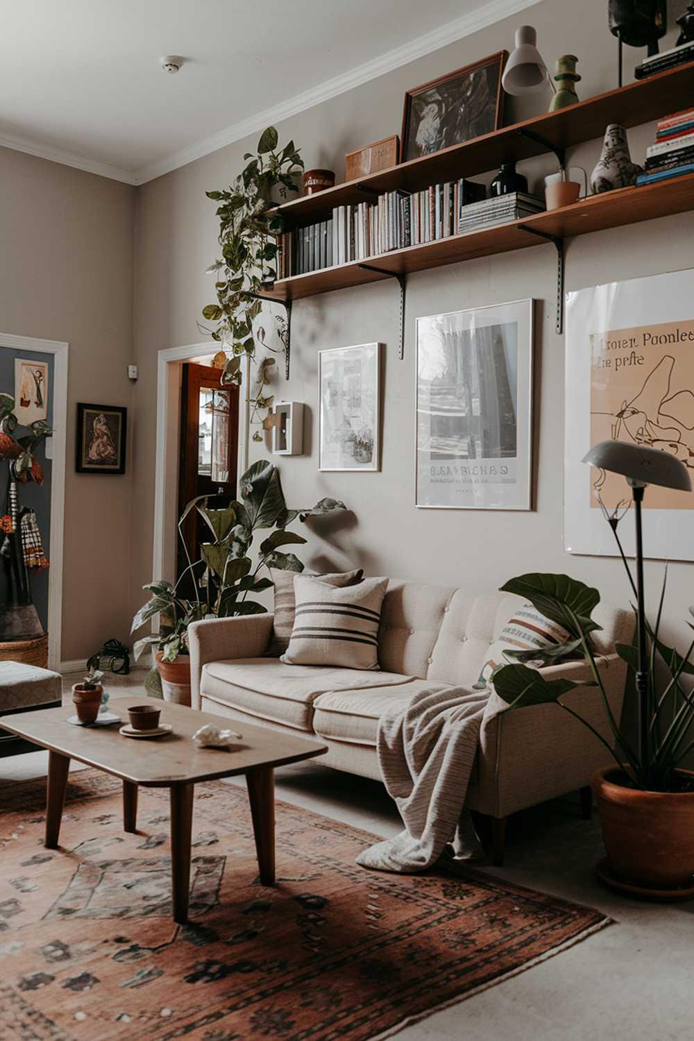 A cozy, earthy living room with a stylish and highly detailed aesthetic. The room has a beige sofa with a few throw pillows, a wooden coffee table in the middle of the room, and a few potted plants. There's a vintage rug on the floor. The walls are painted in a light grey color, and there's a wooden shelf above the sofa filled with books, decorative items, and a lamp. The room has a few pieces of artwork, including a painting and a poster. There's a door leading to another room. The lighting is soft.