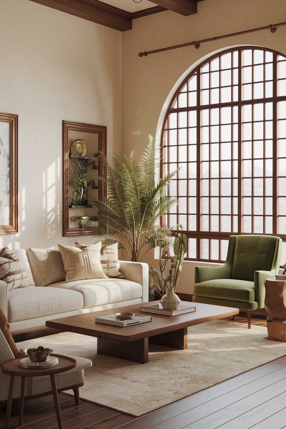 A cozy earthy living room with a beige sofa, a green armchair, a wooden coffee table, and a plant. The room has beige walls, wooden floors, and a few decorative items. There's a large window with wooden bars near the ceiling, letting in natural light.