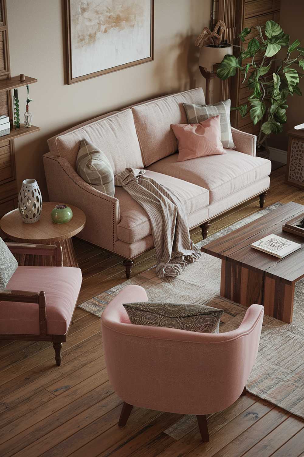 A cozy earthy living room with a wooden floor and a few pieces of furniture. There's a beige sofa with a few cushions and a few throw blankets. There's a wooden coffee table in front of the sofa. Next to the sofa, there's a pink armchair with a patterned cushion. Near the sofa, there's a round wooden side table with a green plant pot. The room has a few decorative items, including a decorative lantern and a few books. The walls are painted in a soft beige color.