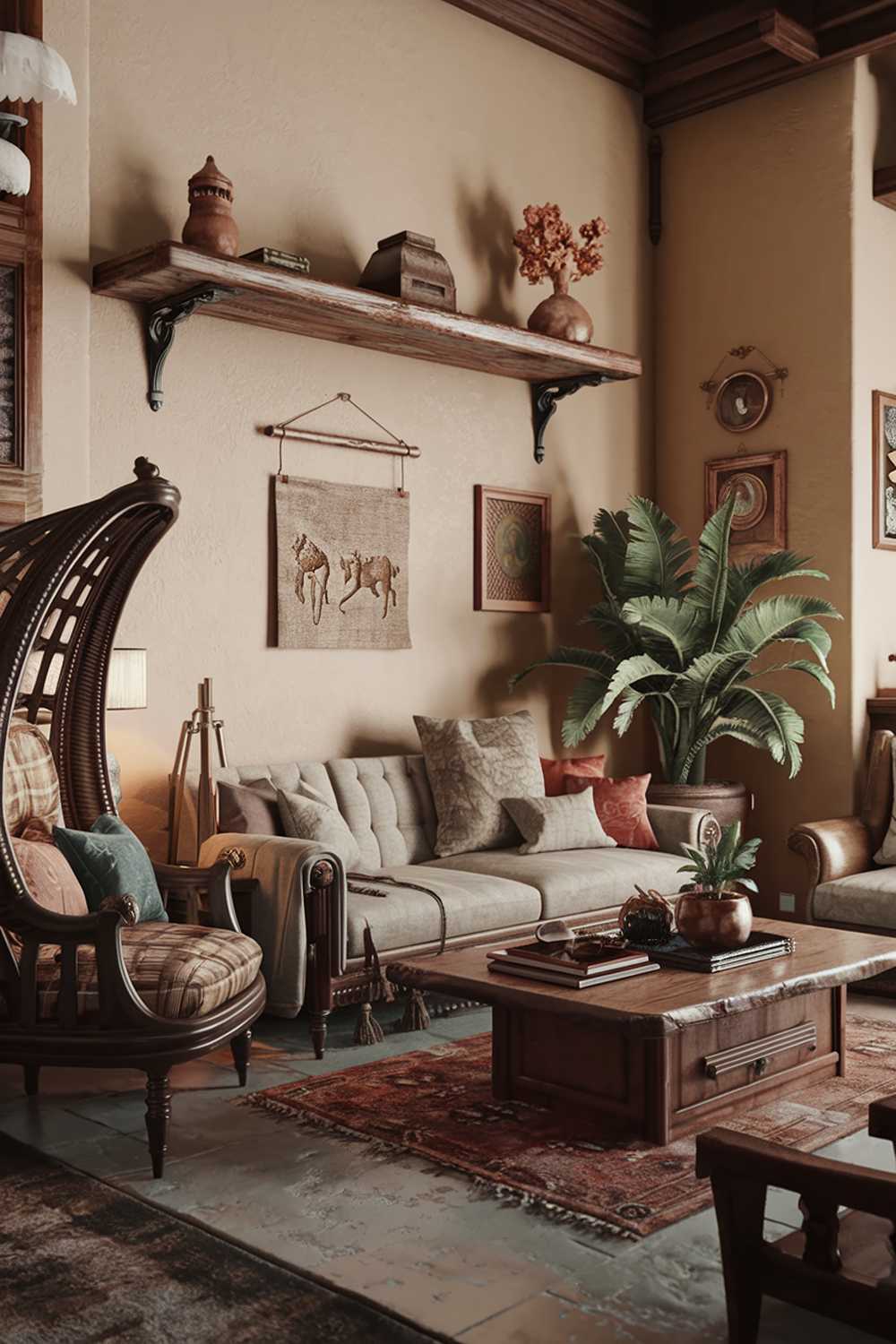 A cozy, and earthy living room. There is a beige sofa with a few throw pillows, a wooden coffee table, and a potted plant. There is a large, dark-colored chair with a patterned cushion. A wooden shelf above the sofa holds a few decorative items. There is a rug on the floor. The walls are painted beige and have a few hanging items. There is a lamp on the left side. The room has a warm ambiance.