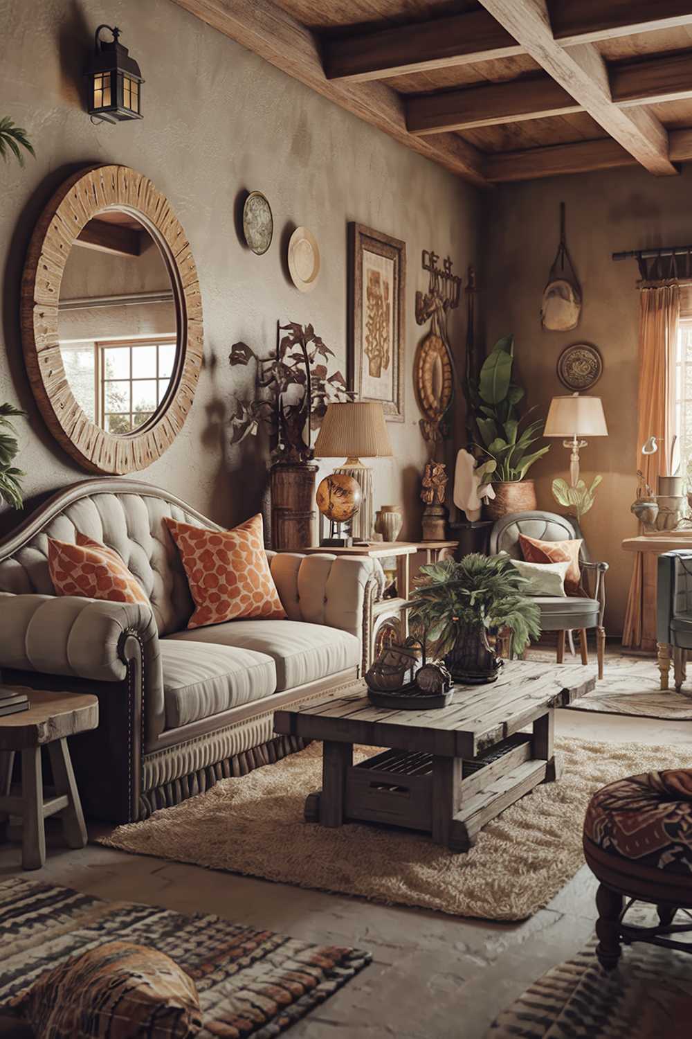 A cozy, earthy living room with a rustic vibe. There's a plush beige sofa with a few cushions and a patterned orange and beige pillow. Next to the sofa, there's a wooden stool. On the wall behind the sofa, there's a large, round mirror with a rustic frame. The floor is covered with a beige rug. There's a wooden coffee table in the middle of the room, with a few items on top, including a plant and a decorative globe. The walls have a few items hanging, including a lantern and a plate. The room has a few other items, such as a lamp, a plant stand, and a chair. The room has a warm and inviting atmosphere.