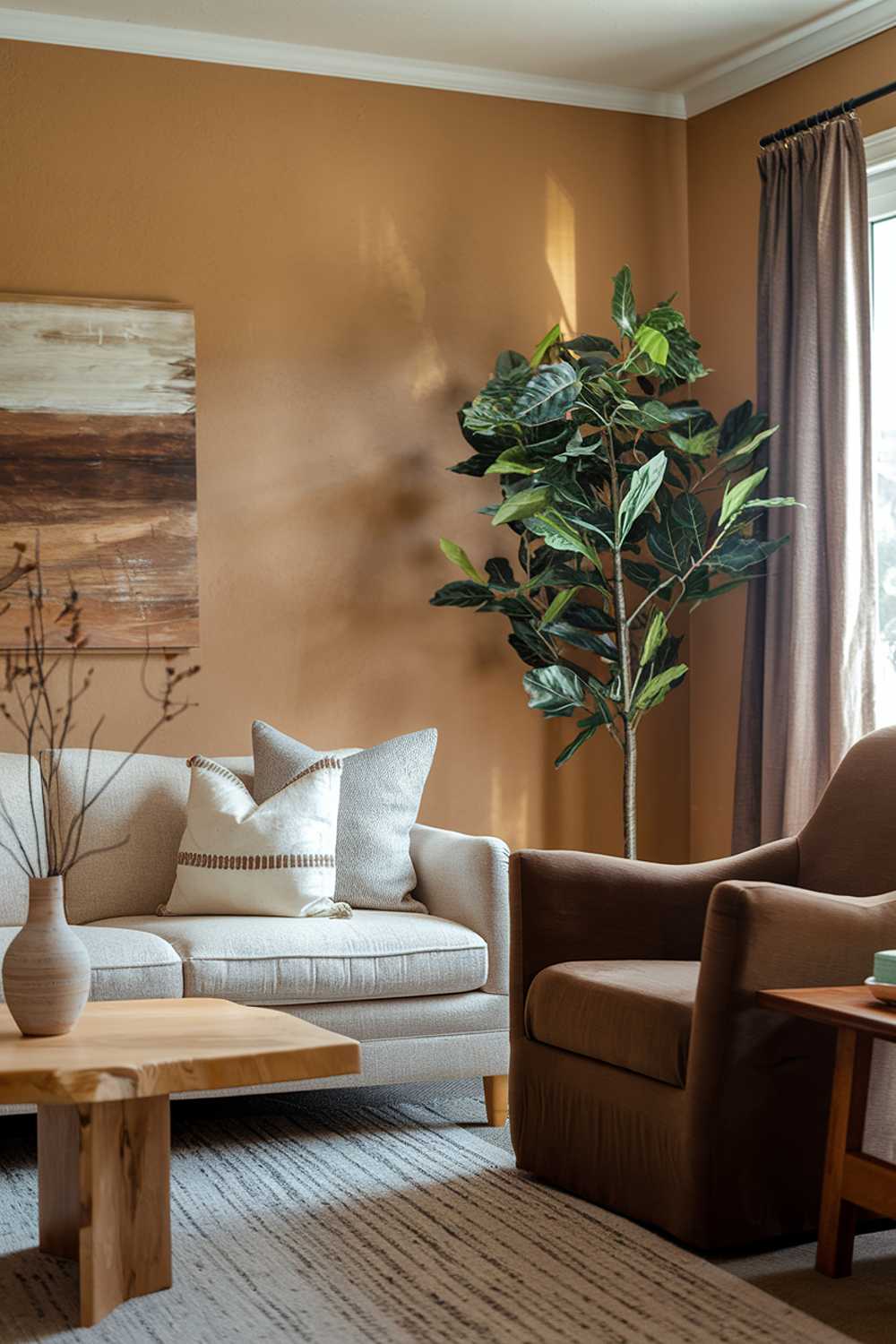 A cozy earthy living room. There is a beige sofa with a few throw pillows. A brown armchair sits near the sofa. A wooden coffee table is placed in front of the sofa. A potted plant stands next to the armchair. The walls are painted a warm beige. There is a rug on the floor.