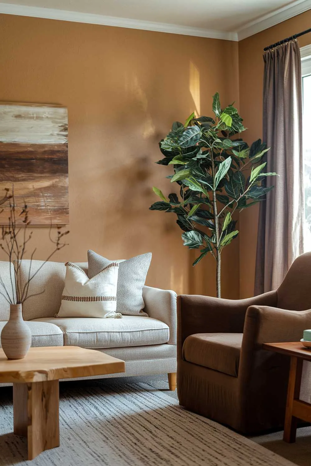 25 Cozy Earthy Living Room Decor Ideas to Warm Your Home 21 A cozy earthy living room. There is a beige sofa with a few throw pillows. A brown armchair sits near the sofa. A wooden coffee table is placed in front of the sofa. A potted plant stands next to the armchair. The walls are painted a warm beige. There is a rug on the floor.