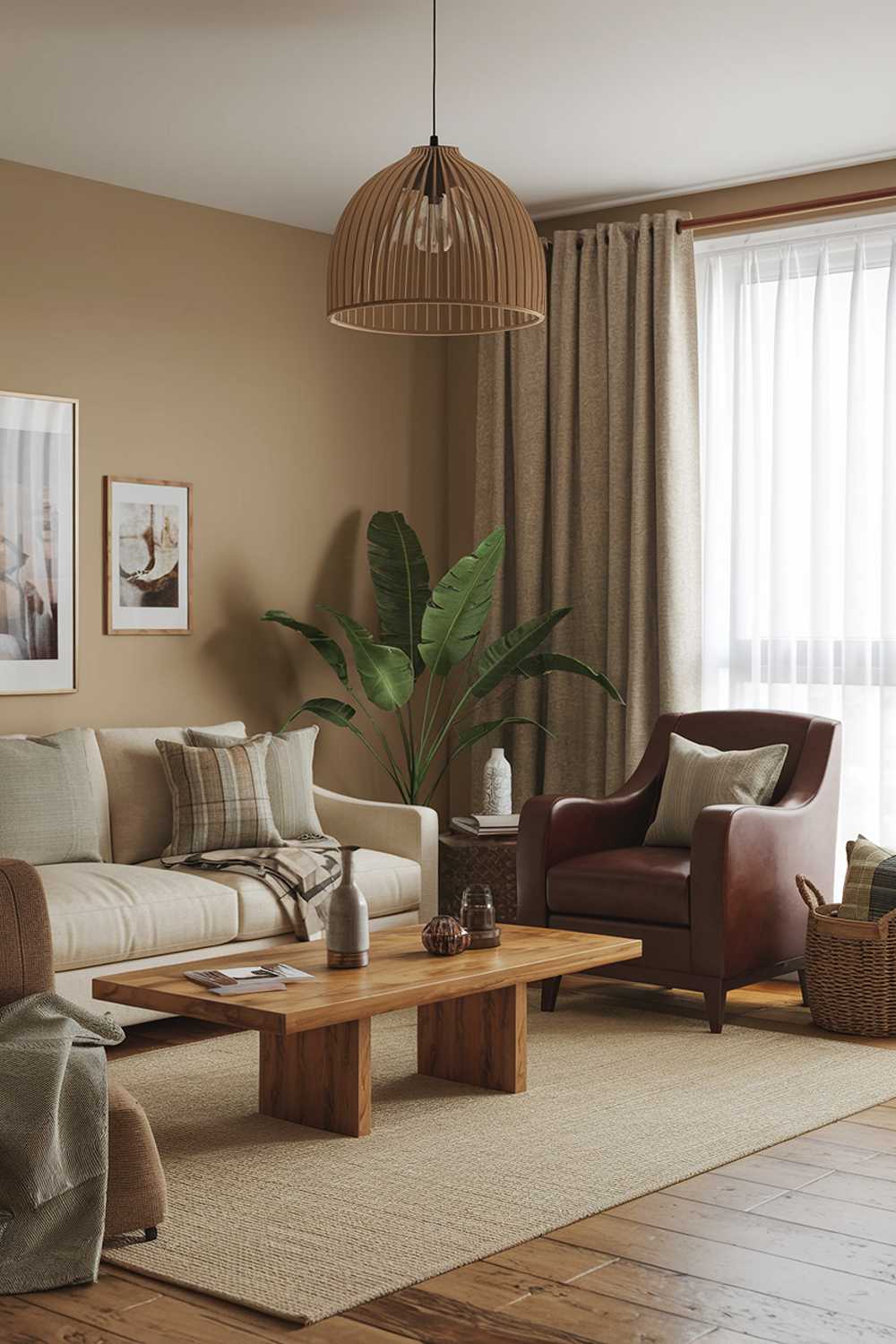 A cozy earthy living room with a beige sofa, a brown armchair, a wooden coffee table, and a green plant. There is a beige curtain and a wooden lampshade near the window. The room has a wooden floor, a beige rug, and a few decorative items, including a vase, a photo frame, and a basket. The walls are painted beige.