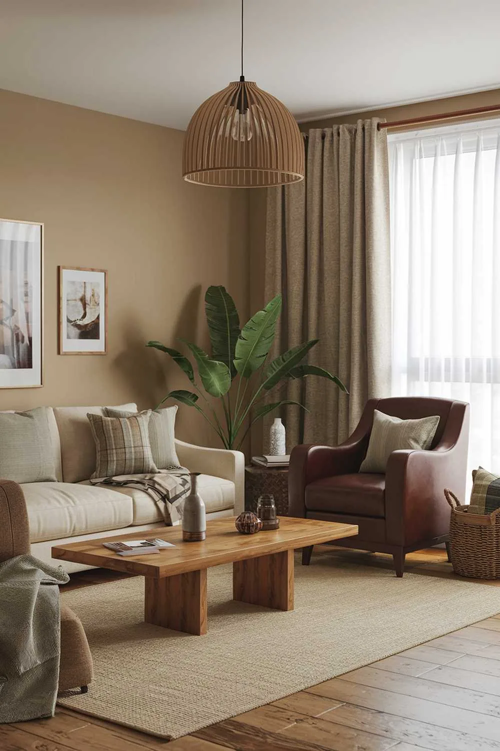 25 Cozy Earthy Living Room Decor Ideas to Warm Your Home 22 A cozy earthy living room with a beige sofa, a brown armchair, a wooden coffee table, and a green plant. There is a beige curtain and a wooden lampshade near the window. The room has a wooden floor, a beige rug, and a few decorative items, including a vase, a photo frame, and a basket. The walls are painted beige.