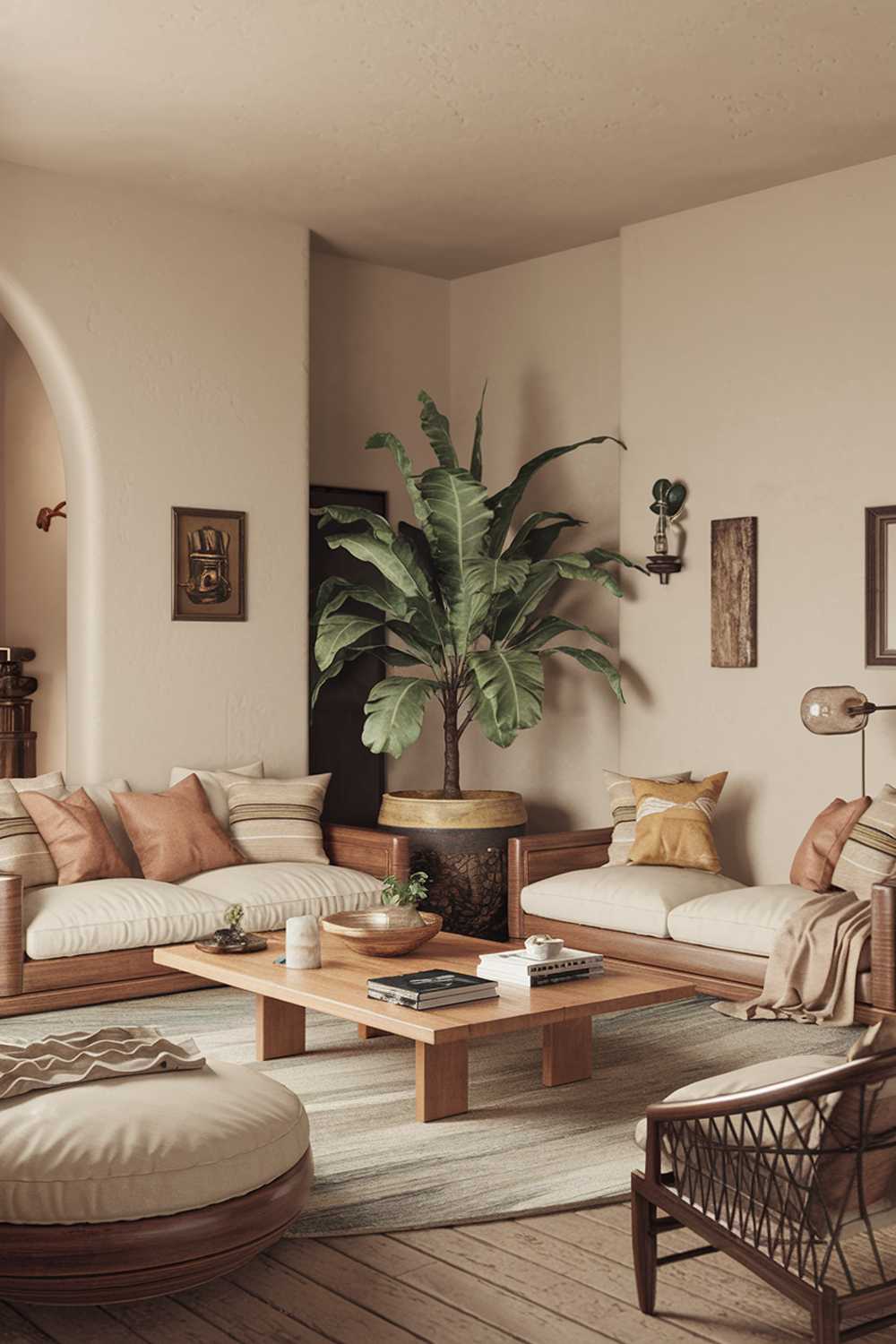 A cozy earthy living room with a beige sofa, a few cushions, and a wooden coffee table in the center. There is a large potted plant near the sofa and a few books on the coffee table. The walls are painted in a soft beige color. There is a lamp near the sofa and a few decorative items on the walls. The floor is made of wooden planks.