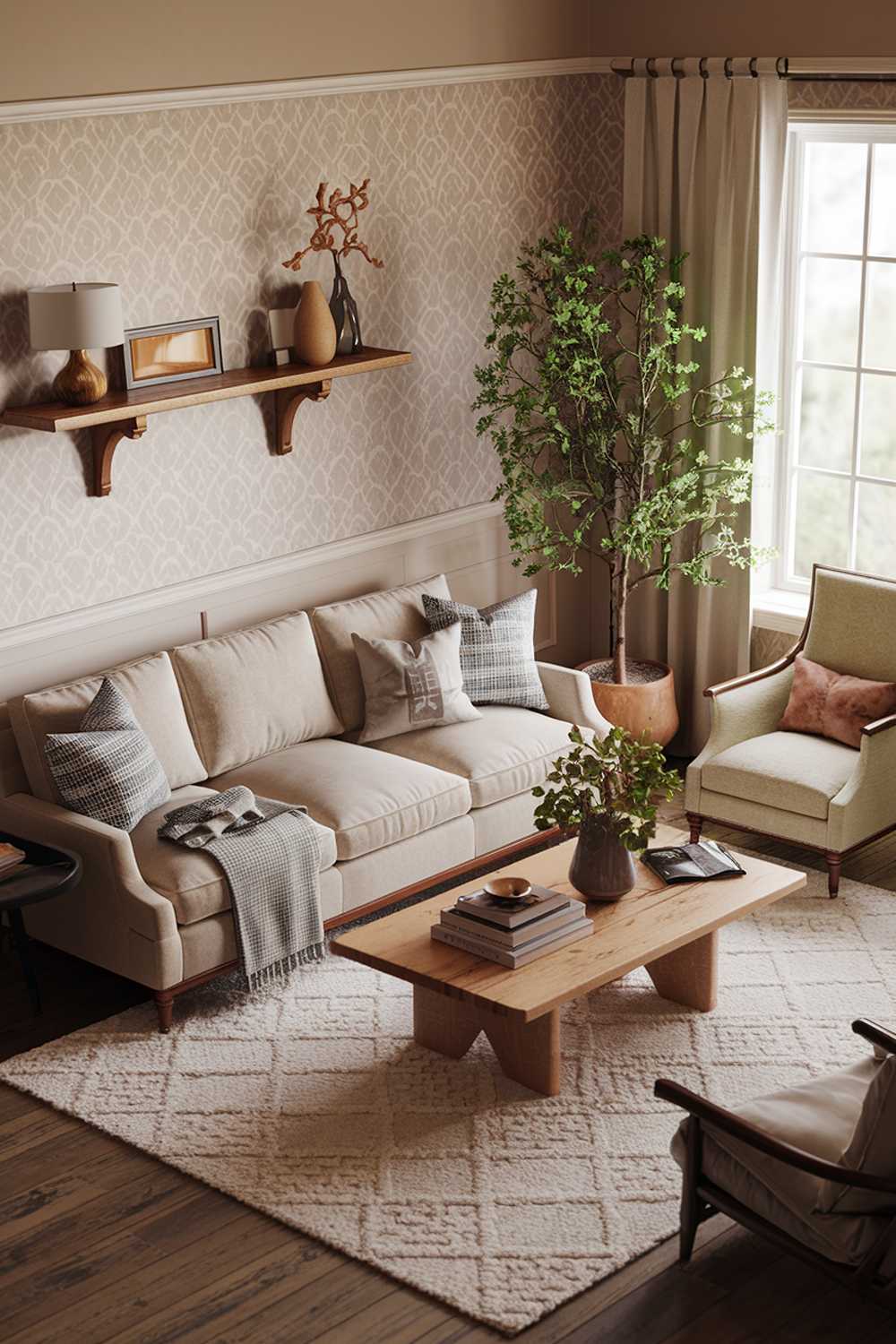 A cozy earthy living room with a beige sofa, a white area rug, a wooden coffee table, a green plant, and a few decorative items. There's a beige armchair near the window. On the wall, there's a wooden shelf with a few items, including a lamp, a vase, and a decorative piece. The room has a beige and white patterned wallpaper.