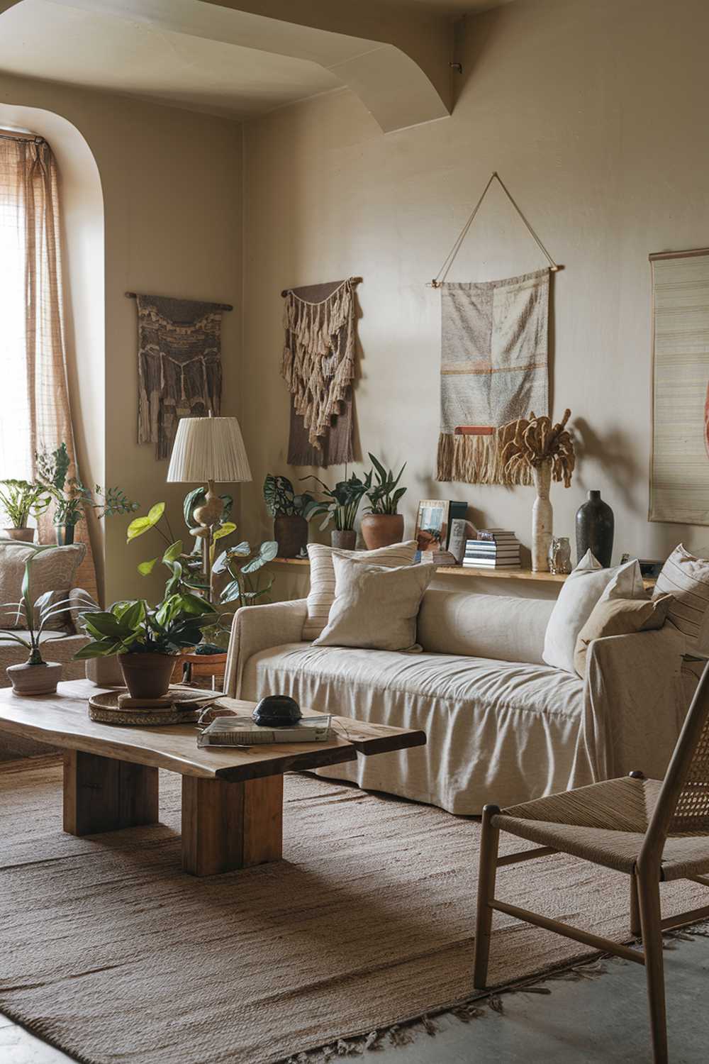 A cozy, earthy living room. The room has a beige sofa with multiple cushions. There's a wooden coffee table in the middle of the room. A few plants, a lampshade, and a decorative item are placed on the coffee table. The walls are painted in a soft beige hue and have a few hanging items. A large rug covers the floor. There's a wooden chair near the sofa. The room has a few books and decorative items.