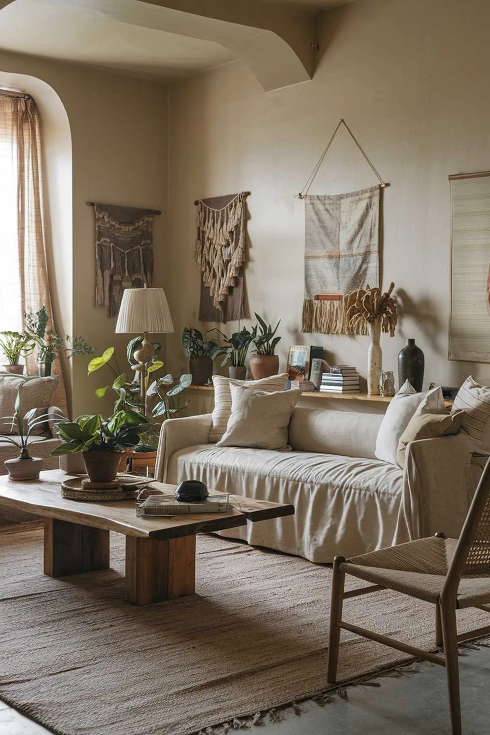 25 Cozy Earthy Living Room Decor Ideas to Warm Your Home 25 A cozy, earthy living room. The room has a beige sofa with multiple cushions. There's a wooden coffee table in the middle of the room. A few plants, a lampshade, and a decorative item are placed on the coffee table. The walls are painted in a soft beige hue and have a few hanging items. A large rug covers the floor. There's a wooden chair near the sofa. The room has a few books and decorative items.