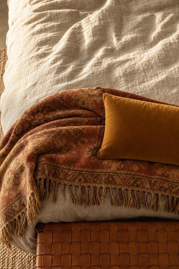 Overhead close-up of a rumpled linen duvet layered with a folded vintage wool throw in rust and ochre, fringe hanging over the bed edge.