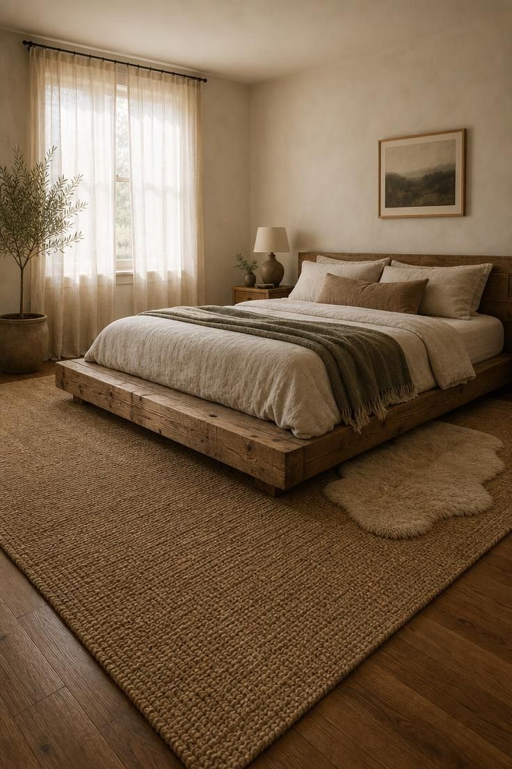 Wide view of a low reclaimed pine bed on a large jute rug with a small sheepskin tucked at one corner.