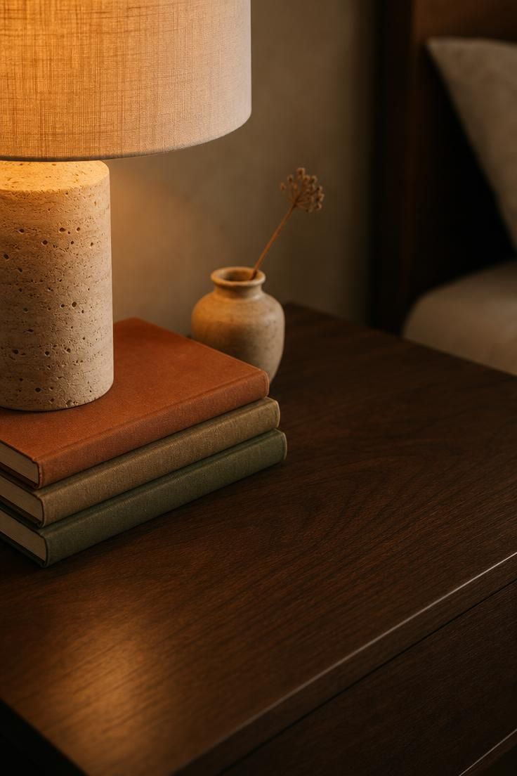 Walnut nightstand with a travertine lamp, stacked clothbound books, and a small ceramic vessel with a dried stem.