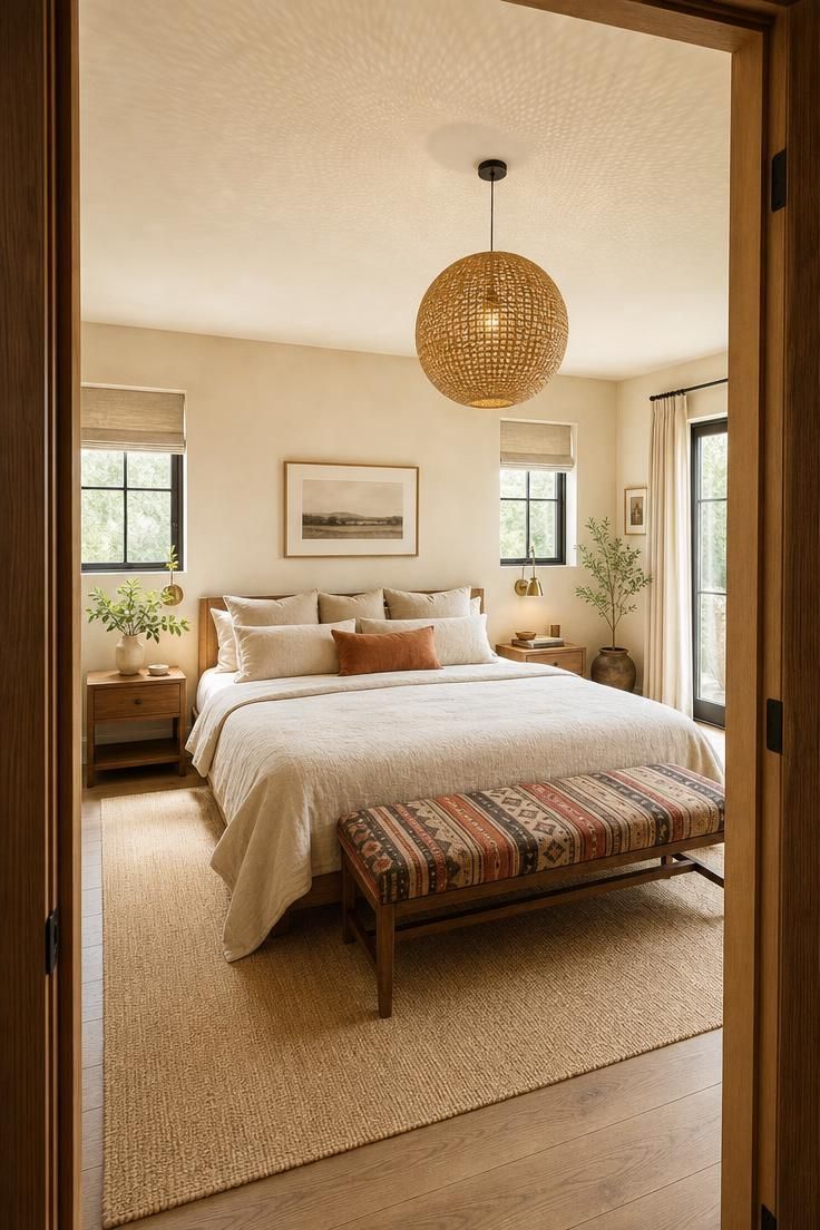 Doorway view of a woven paper pendant hanging over an off-center bed with a kilim bench at the foot.