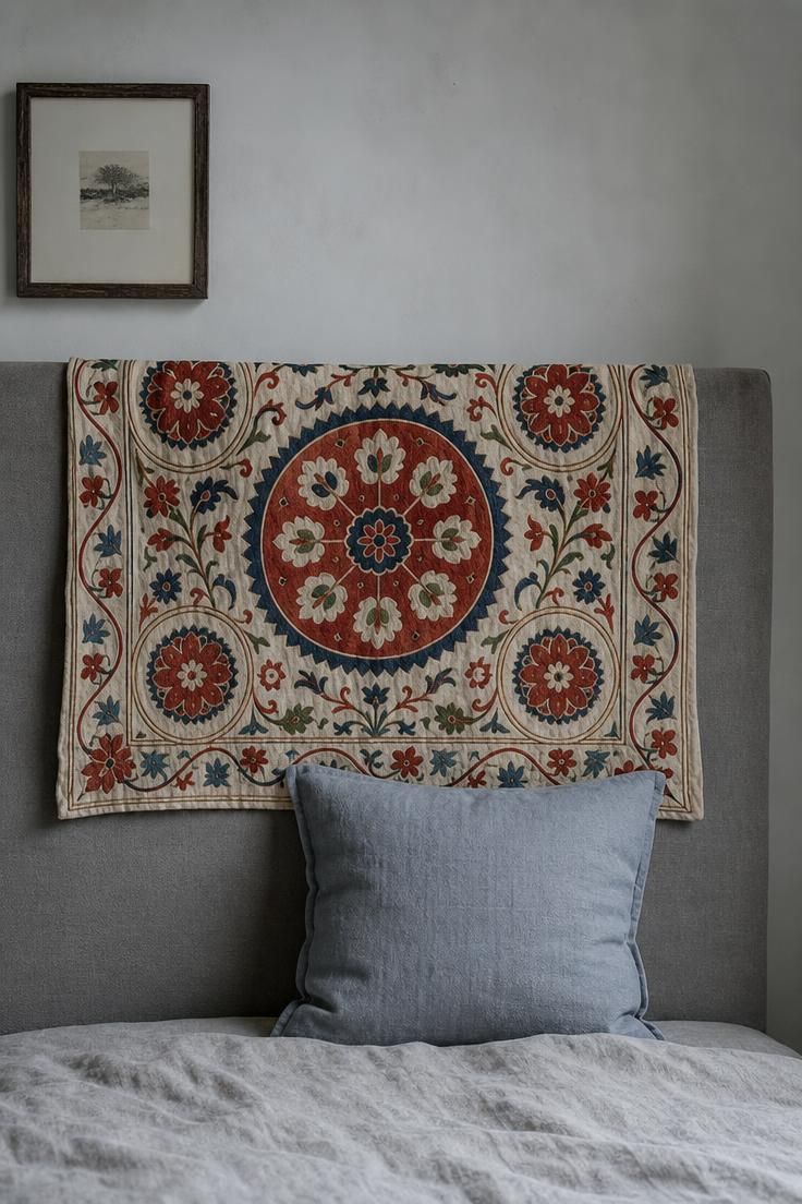 Vintage Suzani textile draped over a solid linen headboard with embroidered medallion hanging left of center.