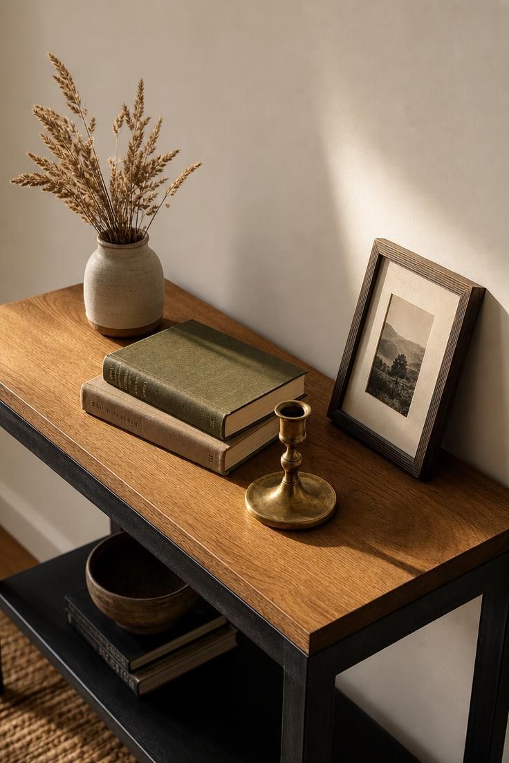 Oak-topped console with five objects in an odd-numbered arrangement including dried grass, books, a brass holder, and a leaning framed photo.