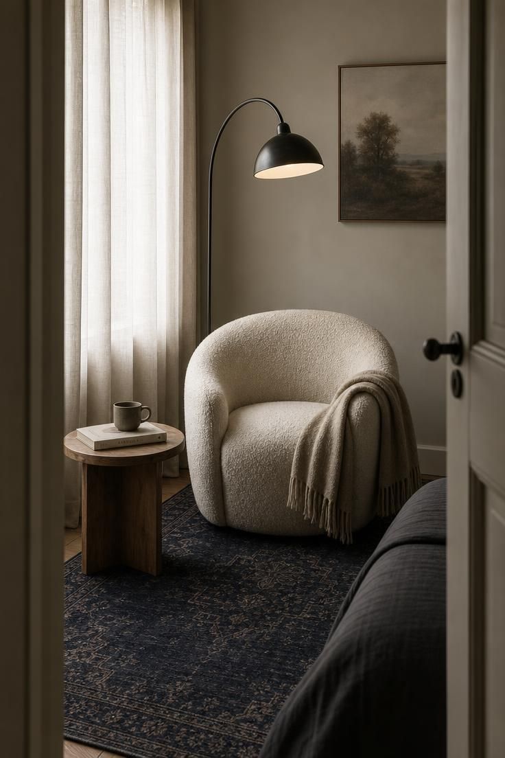 Bouclé armchair in a corner reading nook with a deep navy vintage rug and blackened-steel arc floor lamp.