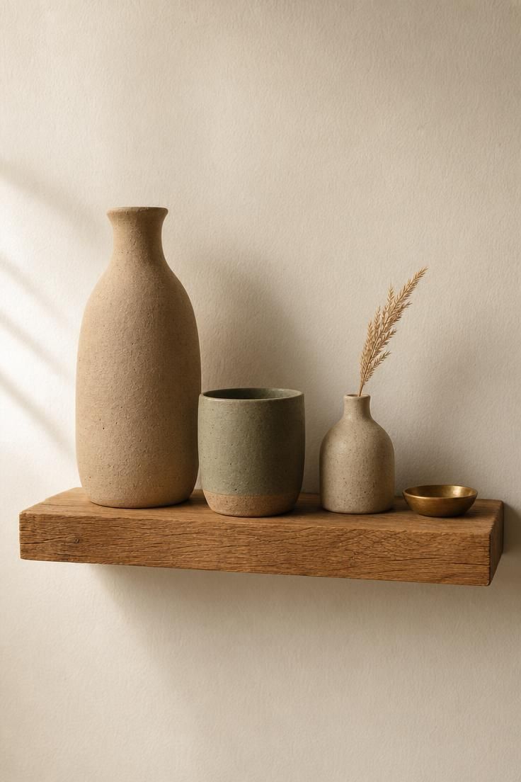 Floating oak shelf with three handmade ceramic vessels, a dried stem in a stone bottle, and a small brass dish.