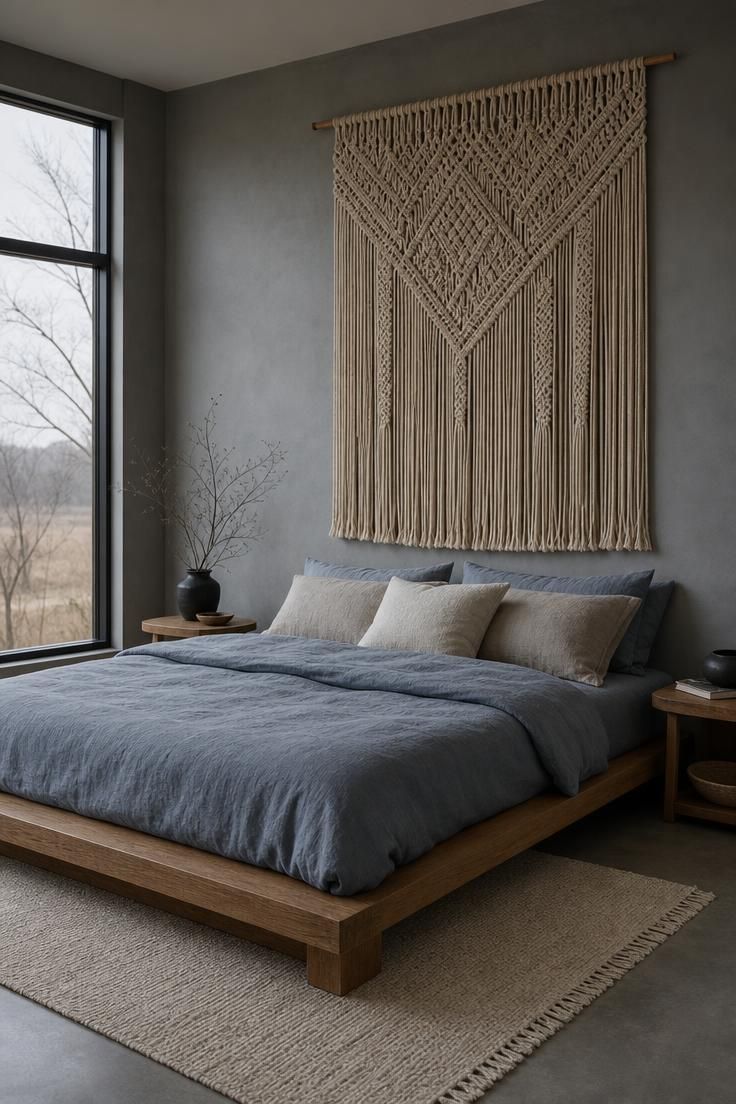 Low oak platform bed with a macrame wall hanging centered above the headboard and cool stone-blue bedding.