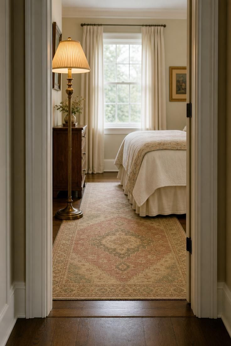 Hallway view into a bedroom with a faded Oushak runner and antique brass floor lamp with pleated shade.