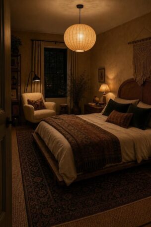 Wide view of a cozy eclectic bedroom at evening with layered textiles, warm pendant light, cane headboard, vintage rugs, and a reading corner.